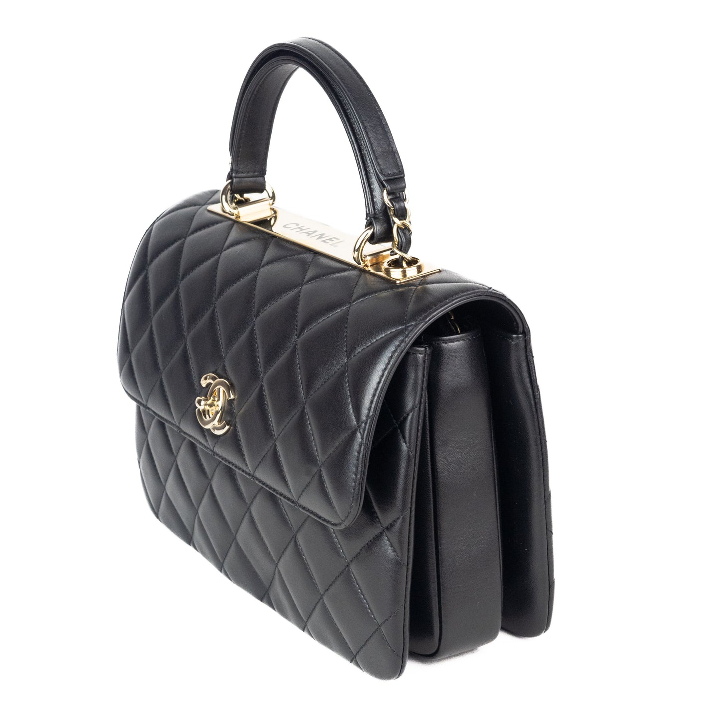 Chanel Flap Bag with Top Handle in Black Lambskin and Gold Toned Hardware