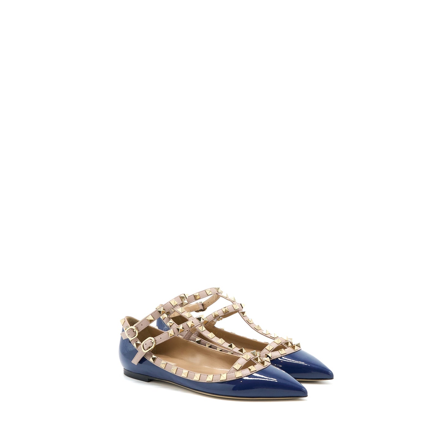 Valentino Size 38 Garavani Rockstud Ballet Flat Caged Patent Navy