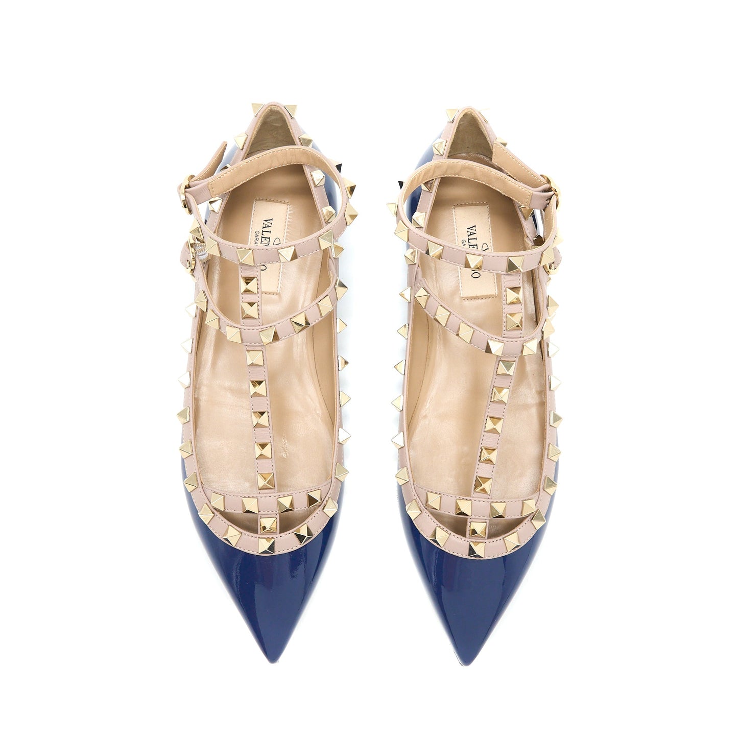 Valentino Size 38 Garavani Rockstud Ballet Flat Caged Patent Navy
