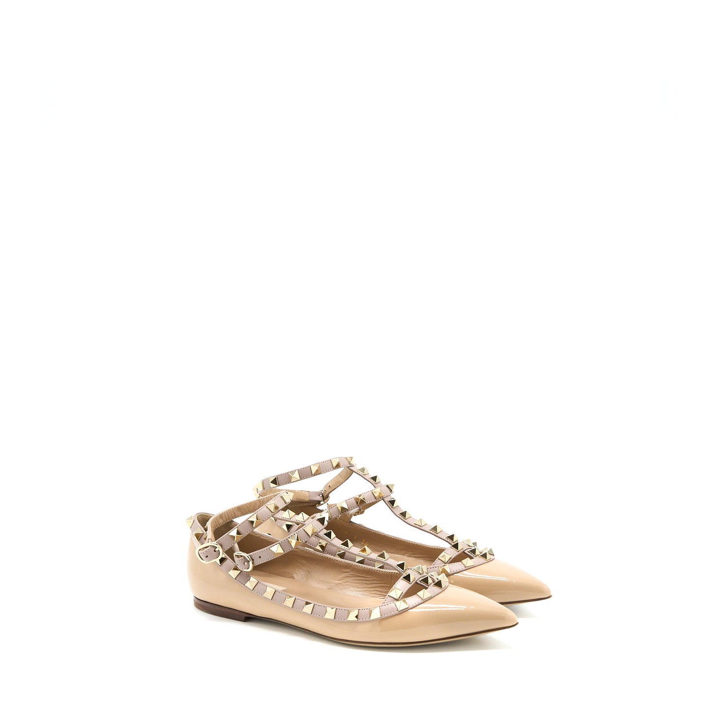 Valentino Size 38 Garavani Rockstud Ballet Flat Caged Patent Beige