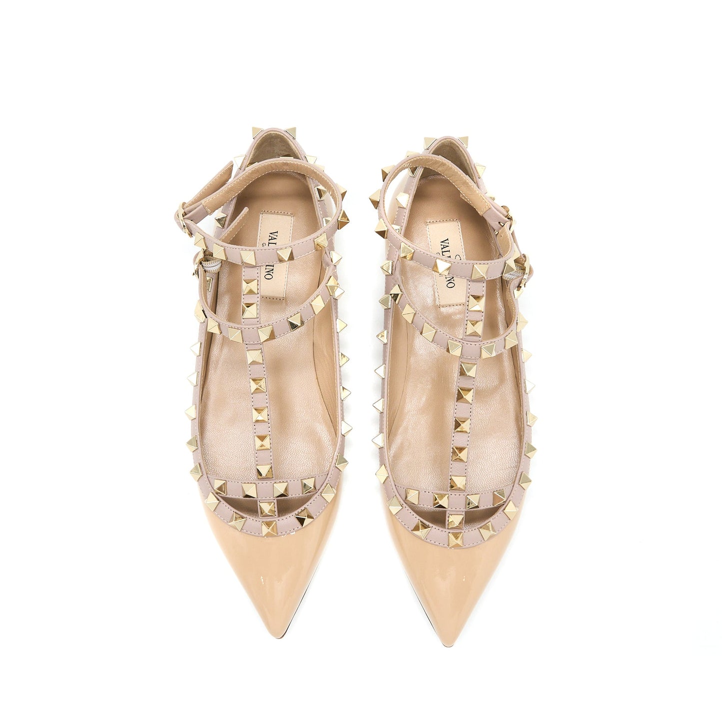 Valentino Size 38 Garavani Rockstud Ballet Flat Caged Patent Beige