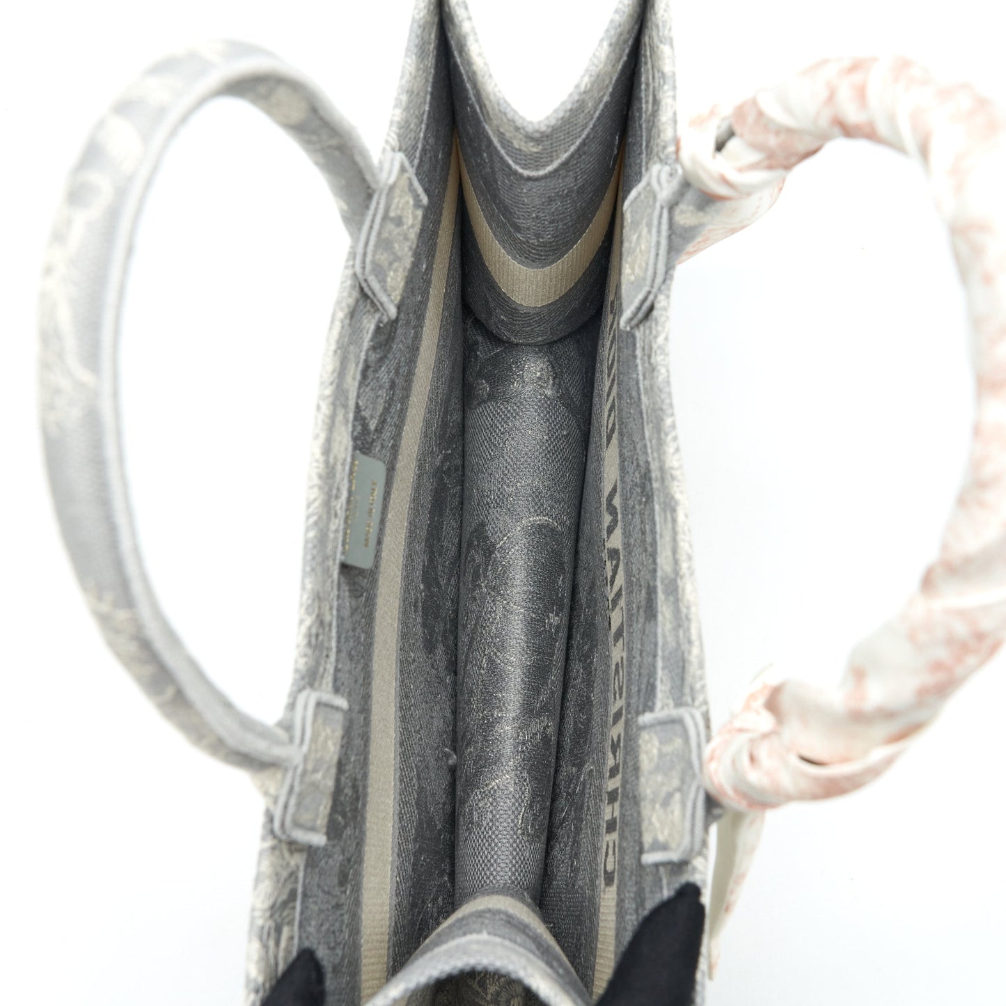 Dior Medium (Old Small) Book Tote Grey Toile De Jouy Reverse Embroidery With An Extra Twilly