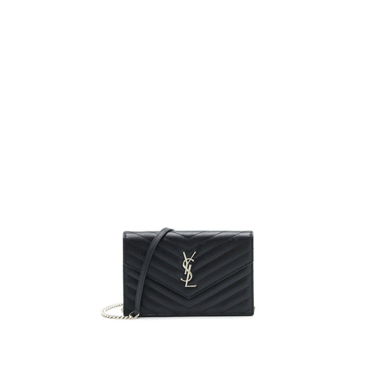 Saint Laurent Grained Calfskin Envelope Wallet on Chain Black