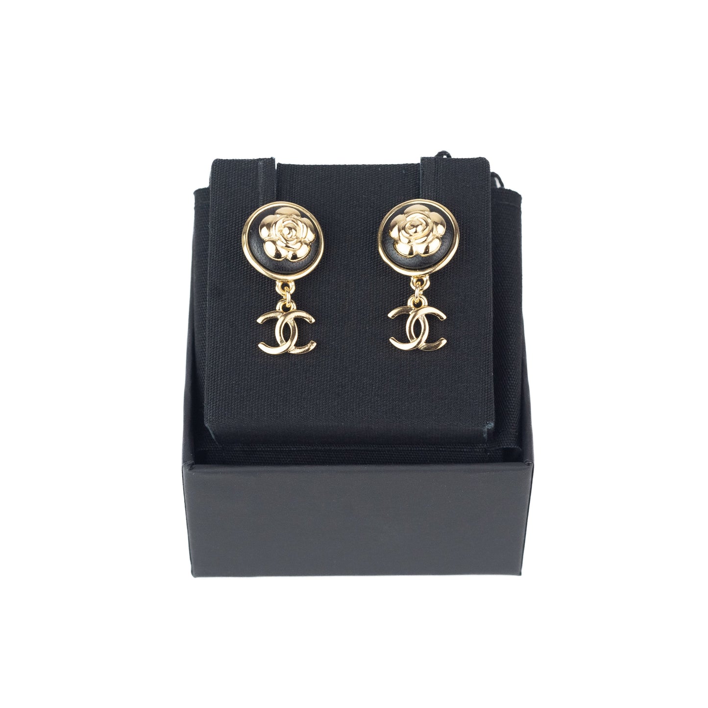 Chanel Black and Gold Flower CC Earrings