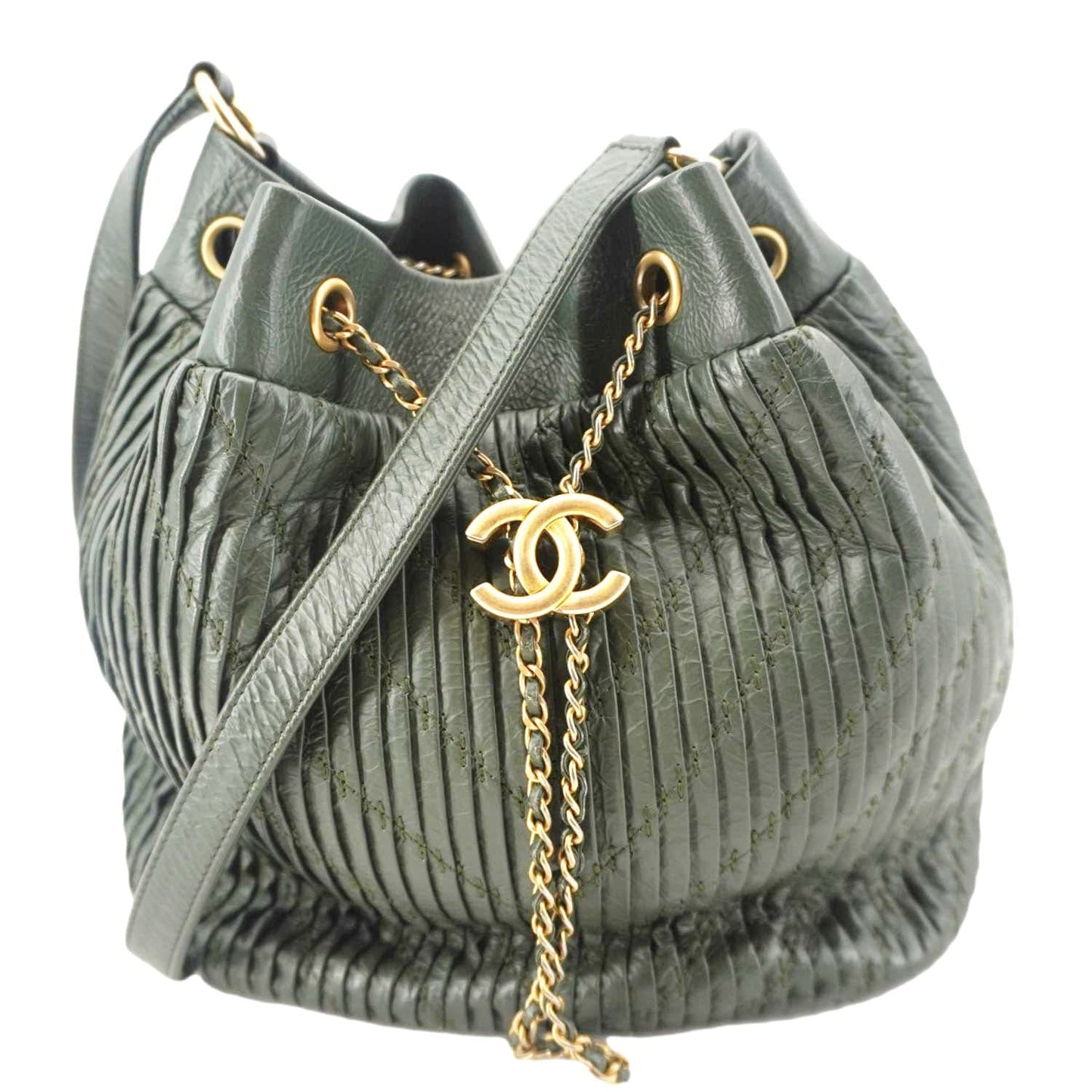 CHANEL Chevron Leather Drawstring Bucket Crossbody Bag Green
