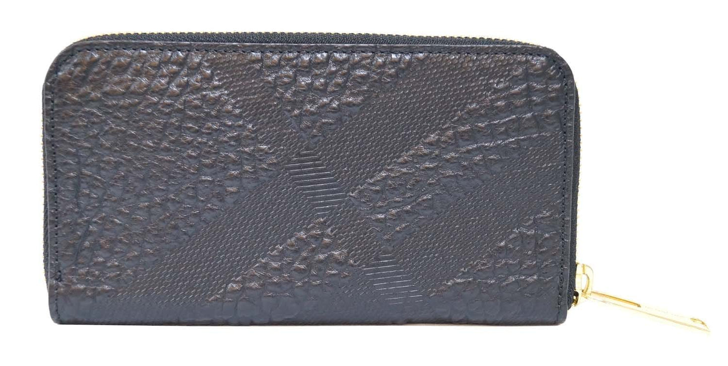 BURBERRY Embossed Check Leather Zip Around Wallet Black