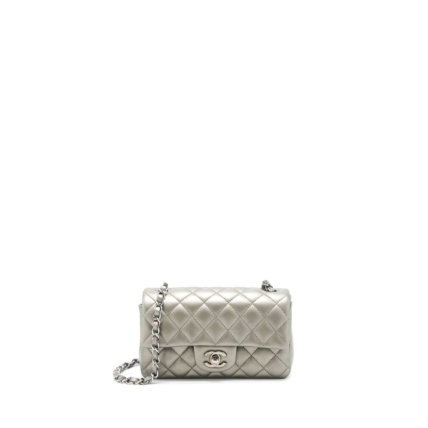 Chanel 21B Mini Rectangular Flap Bag Calfskin Metallic Silver hiny Ruthenium Hardware (Microchip)