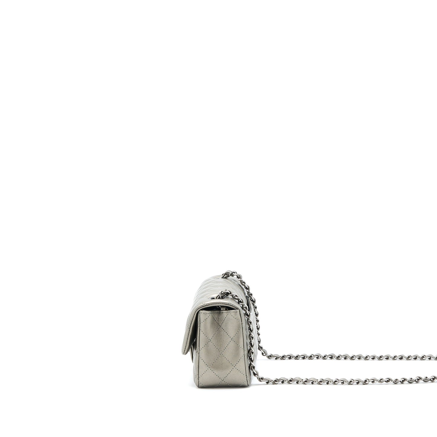 Chanel 21B Mini Rectangular Flap Bag Calfskin Metallic Silver hiny Ruthenium Hardware (Microchip)