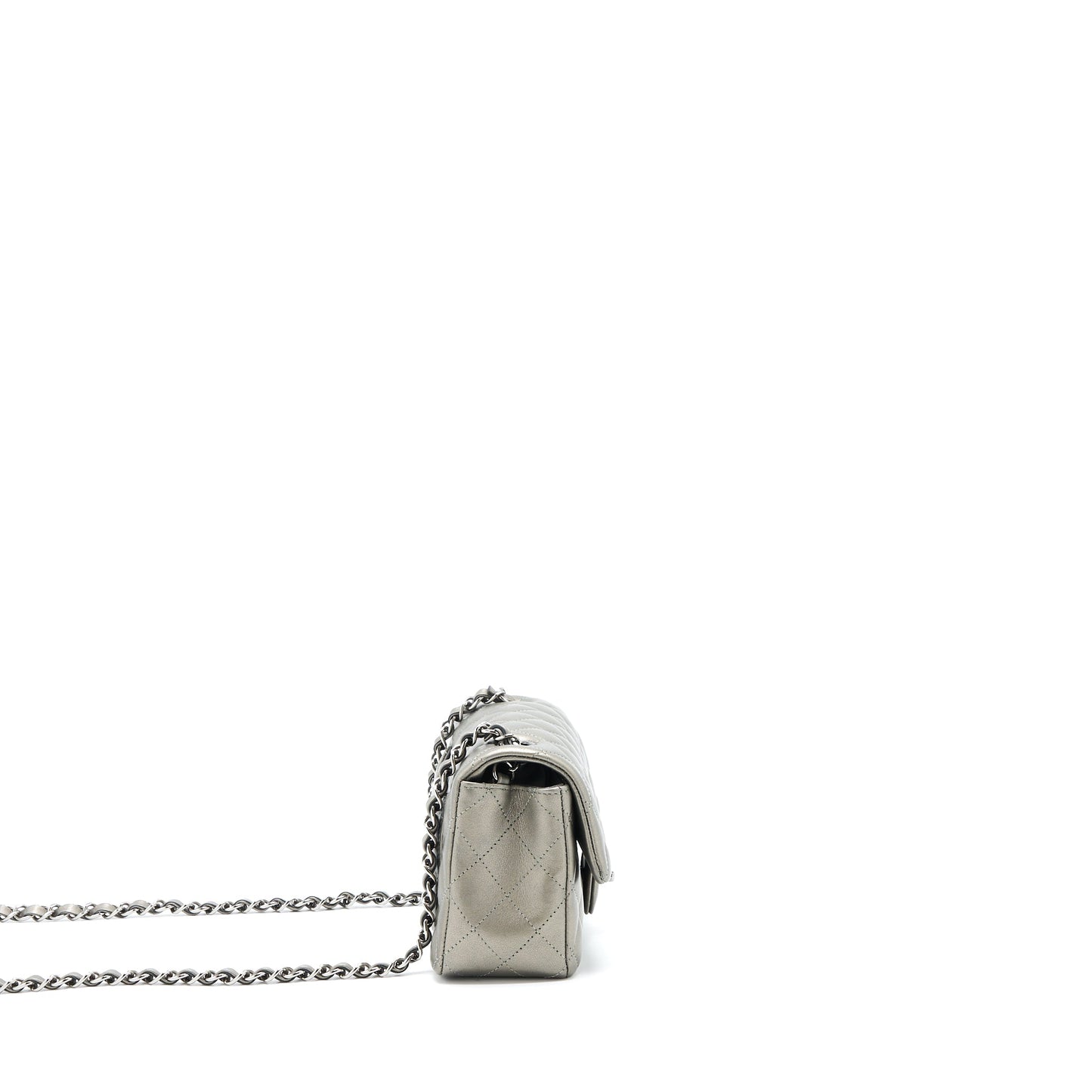 Chanel 21B Mini Rectangular Flap Bag Calfskin Metallic Silver hiny Ruthenium Hardware (Microchip)