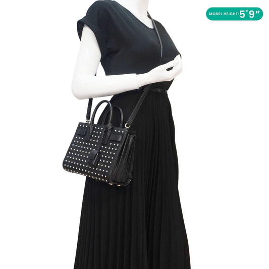 YVES SAINT LAURENT Studded Sac De jour Leather Shoulder Bag Black