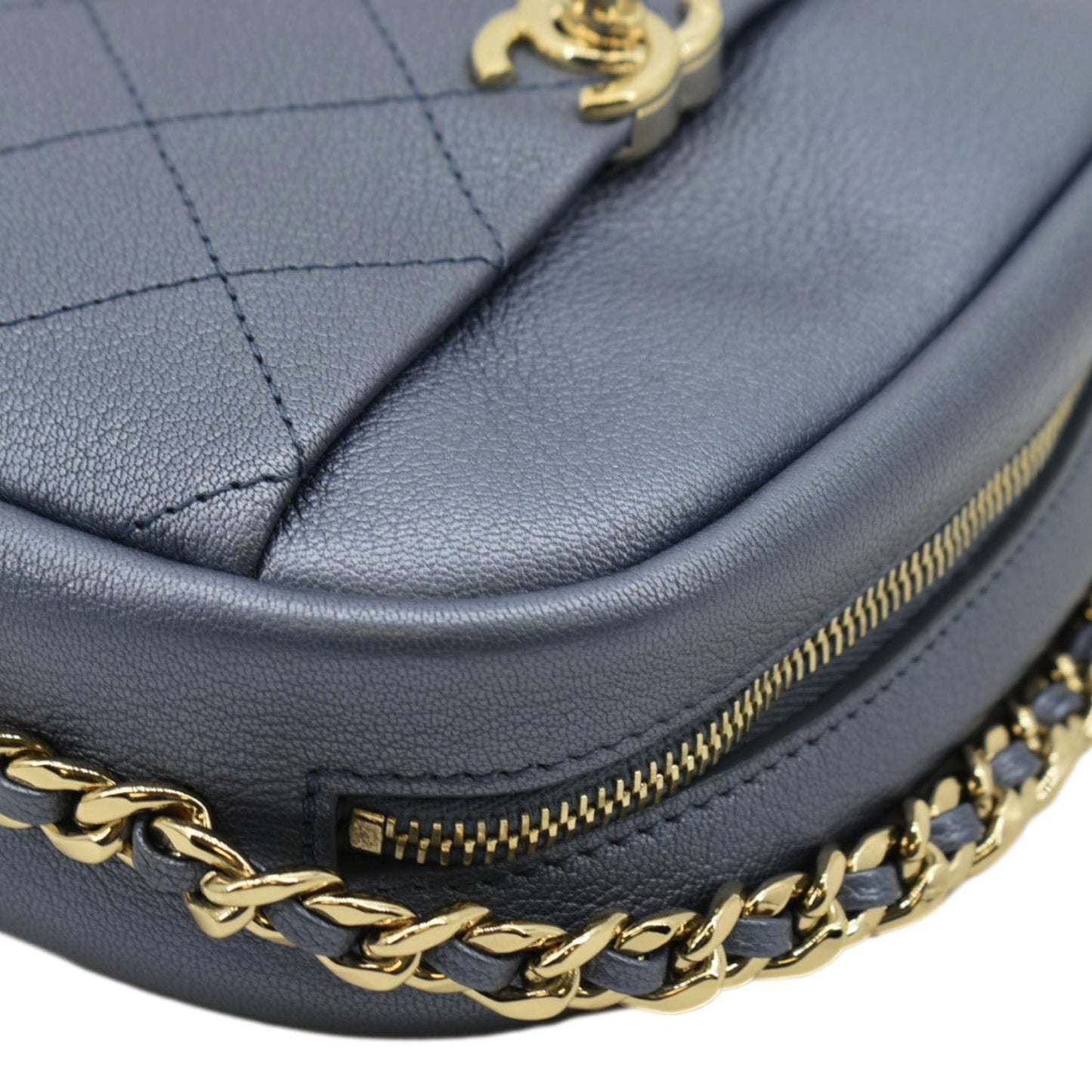 CHANEL Casual Trip Camera Small Metallic Leather Crossbody Bag Blue