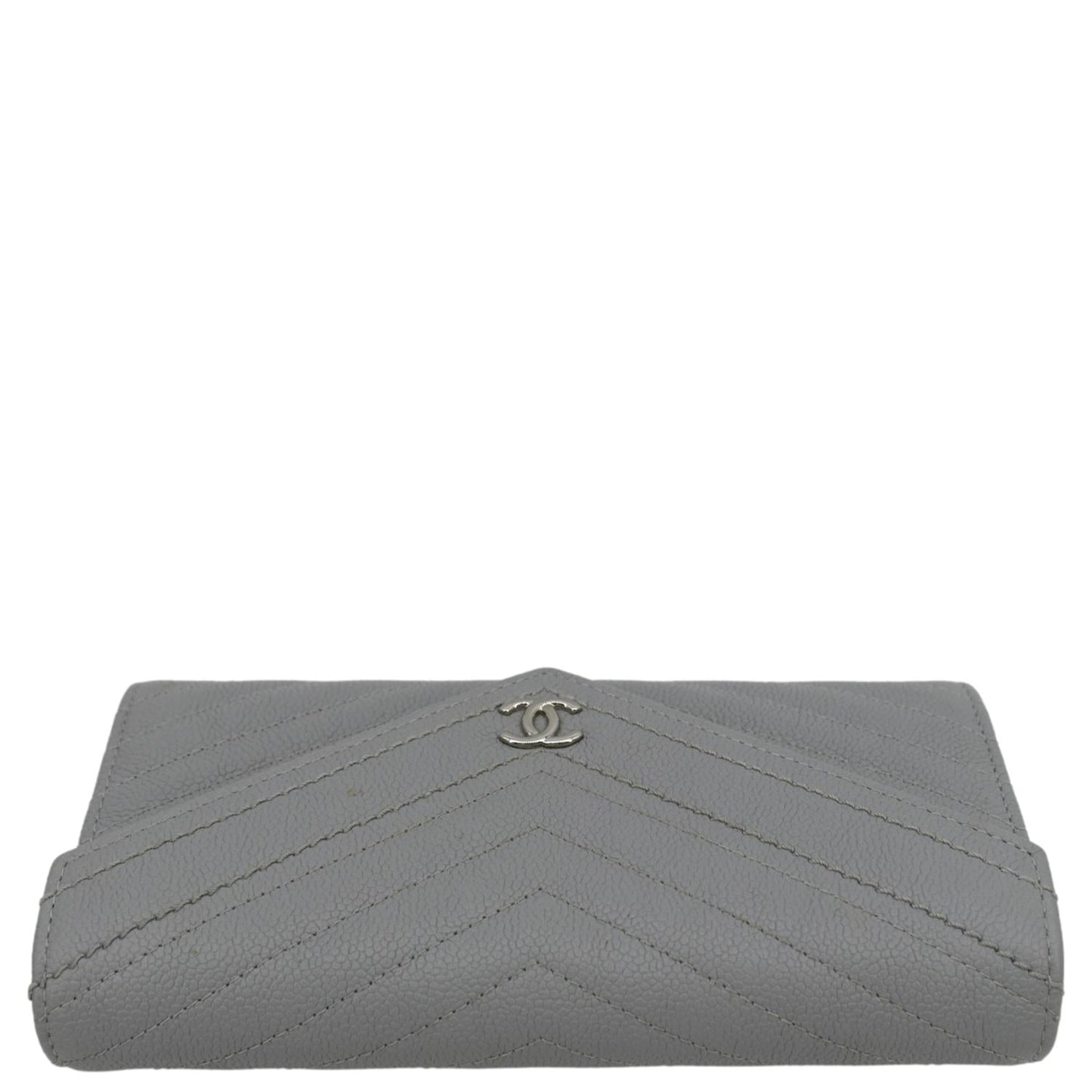 CHANEL Long Flap Quilted Chevron Caviar Wallet Light Grey