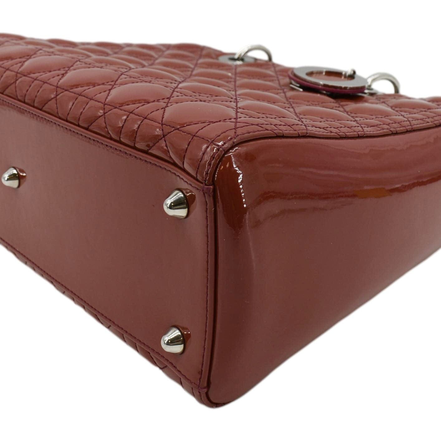 CHRISTIAN DIOR Lady Dior Large Quilted Patent Leather Shoulder Bag Reddish Orange