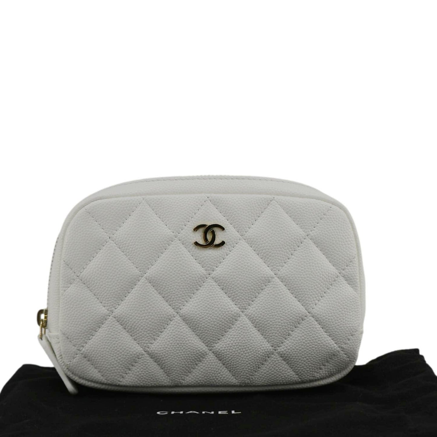 CHANEL Curvy Small Quilted Caviar Leather Cosmetic Pouch White