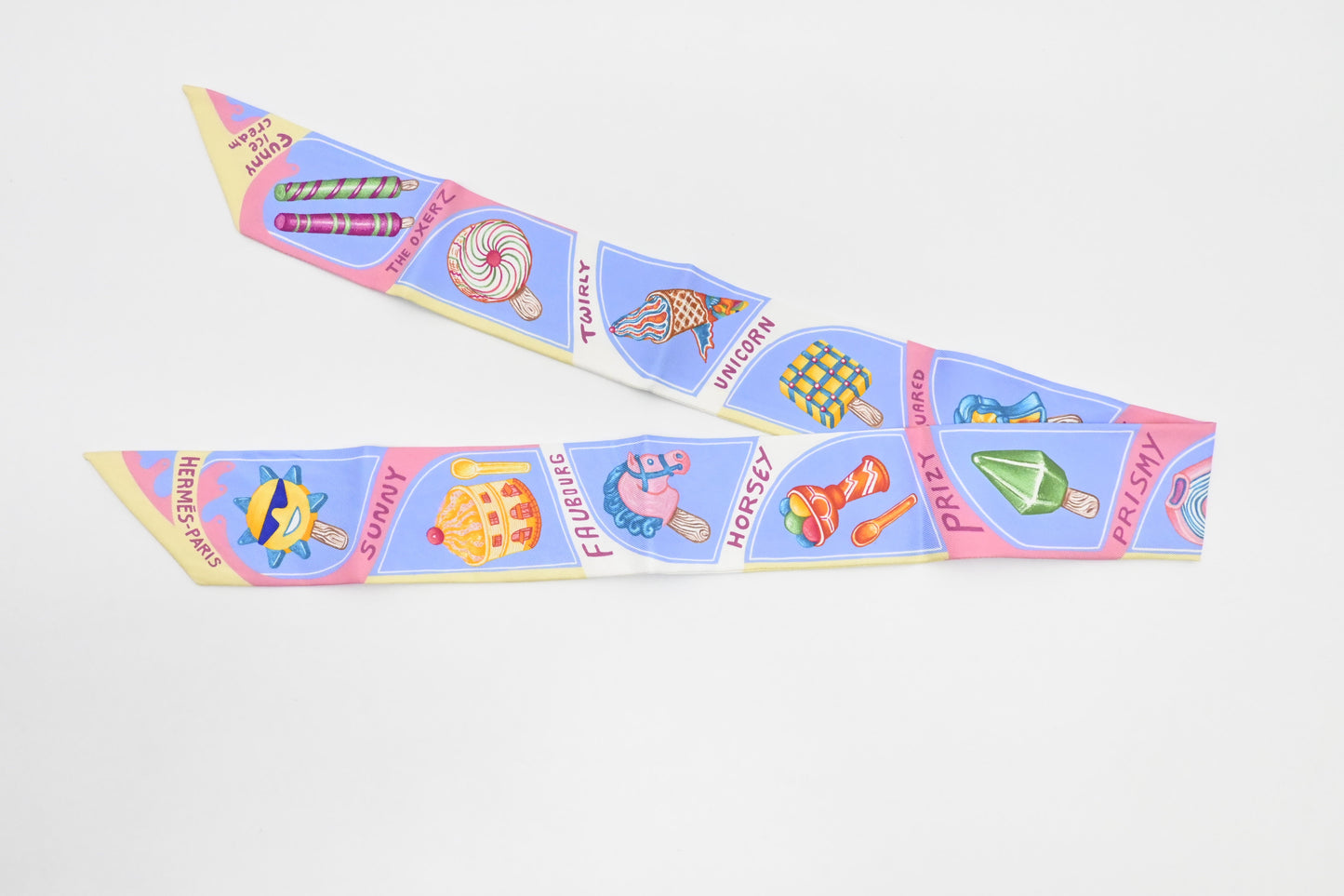 Hermes 'Funny Ice Cream' Twilly in Blue, Pink, and Yellow Silk
