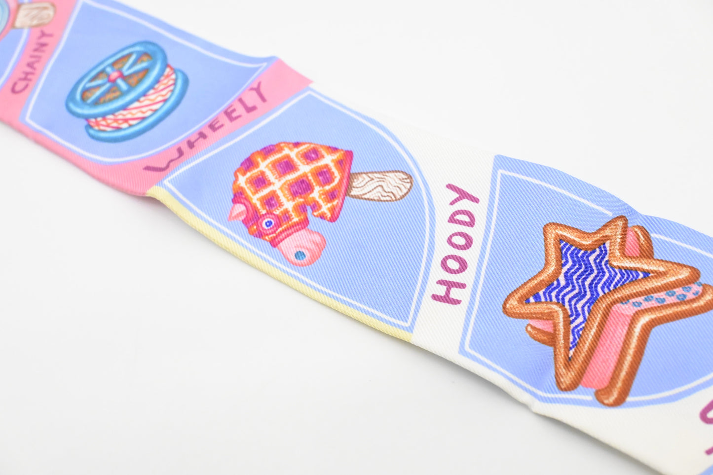 Hermes 'Funny Ice Cream' Twilly in Blue, Pink, and Yellow Silk