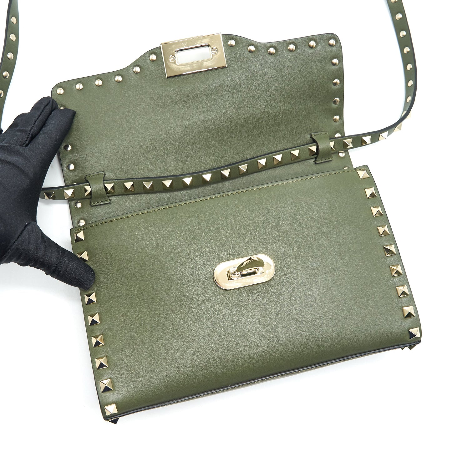 VALENTINO Small Rockstud Calfskin Crossbody Bag Khaki