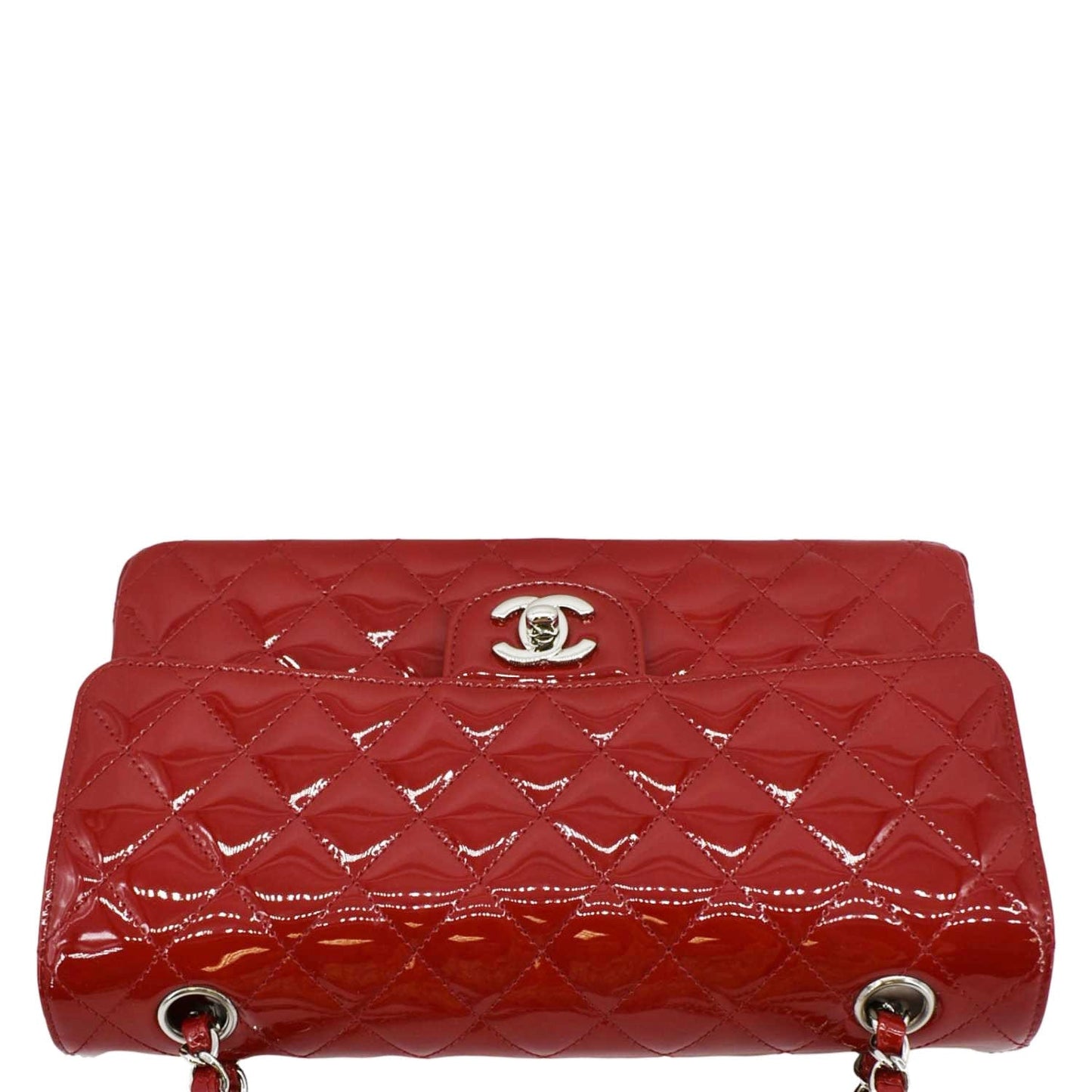 CHANEL Classic Medium Double Flap Quilted Patent Leather Shoulder Bag Red