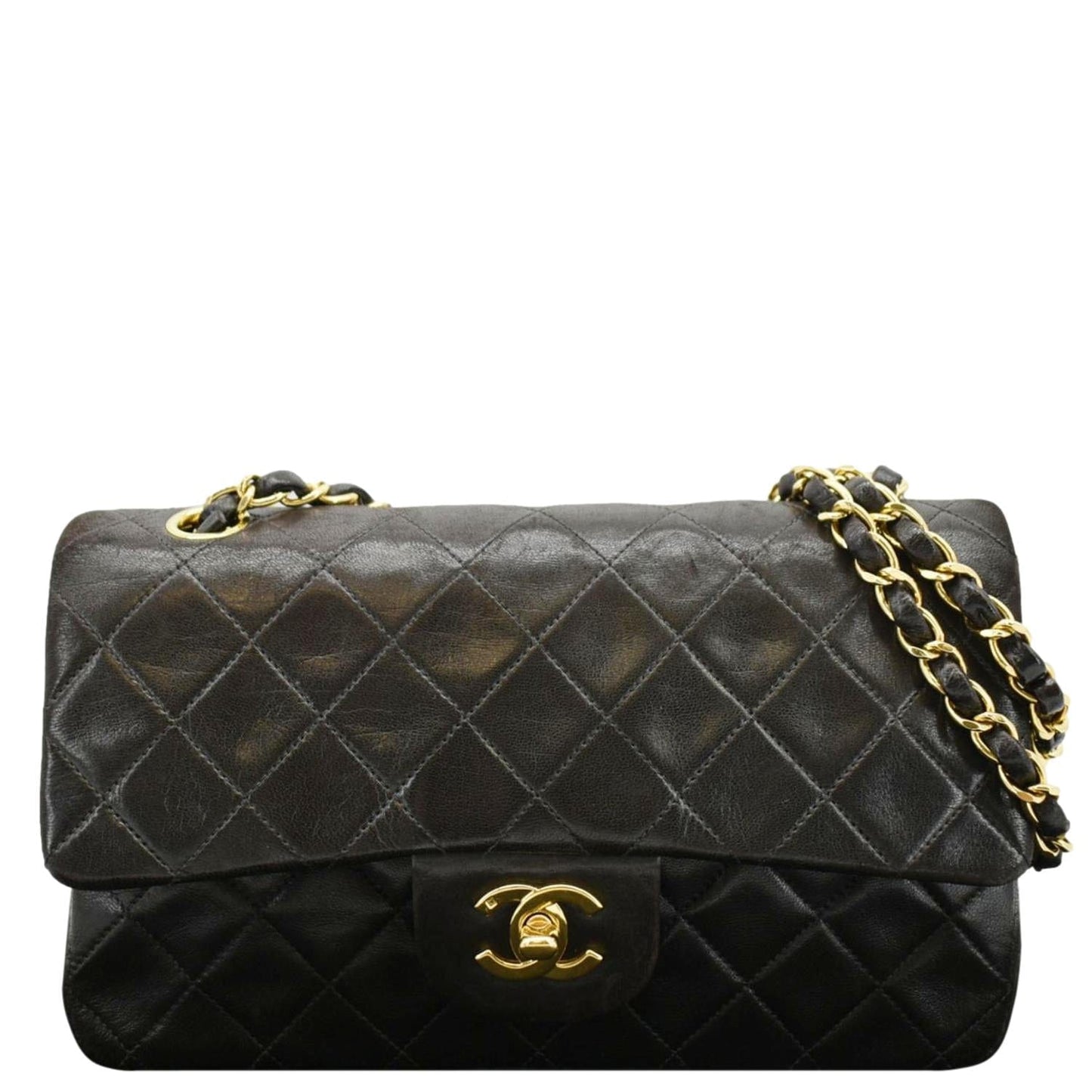 CHANEL Vintage Classic Double Flap Medium Quilted Leather Shoulder Bag Dark Brown