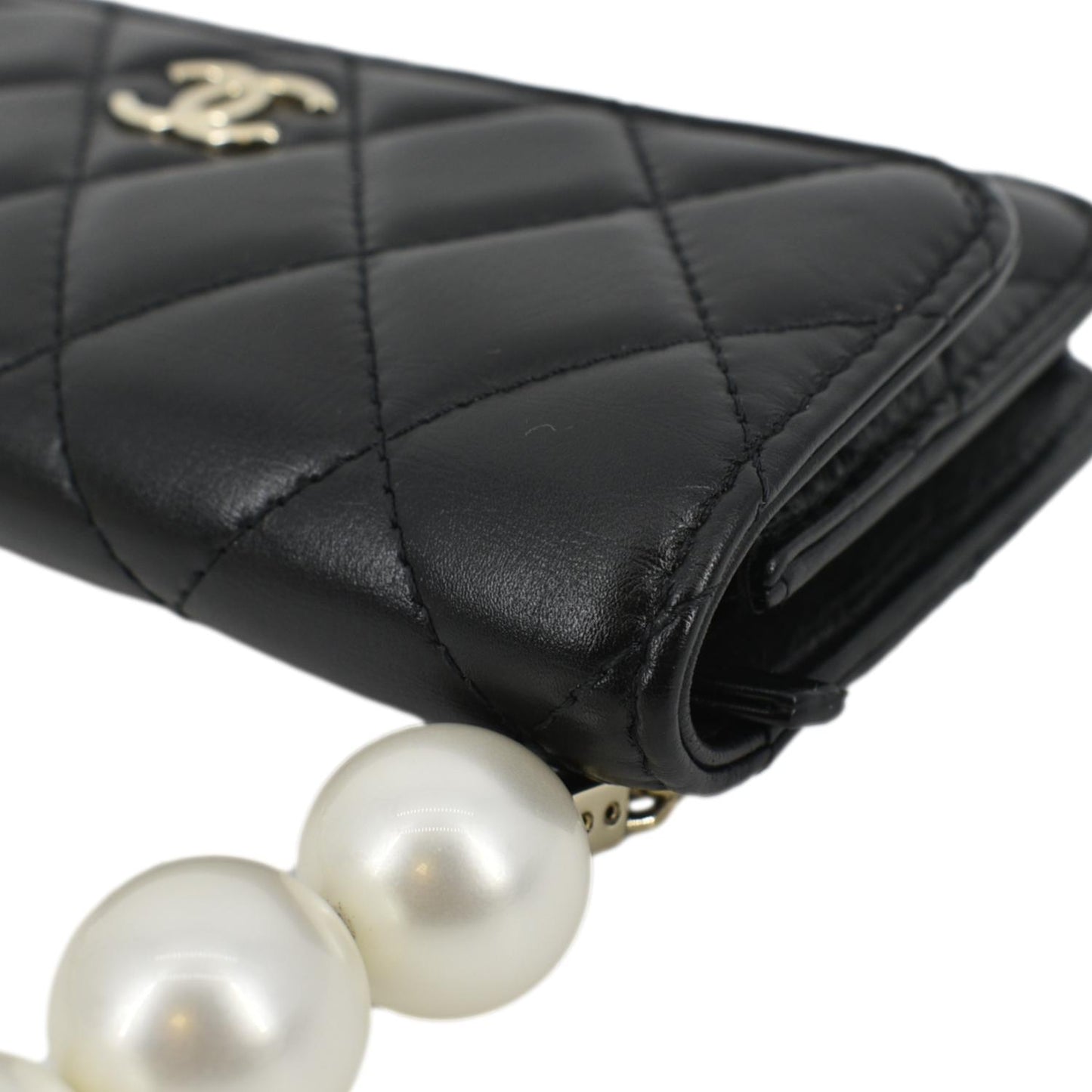 CHANEL Pearl Strap CC Mini Quilted Leather Wallet on Chain Shoulder Bag Black