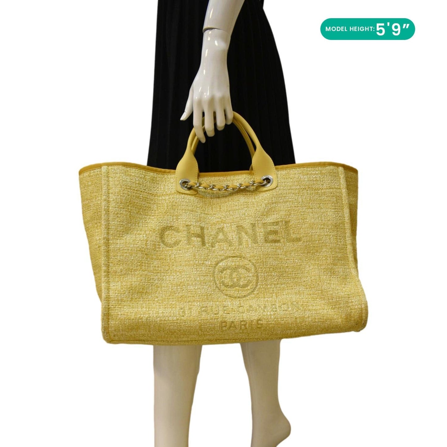CHANEL Deauville Tweed Canvas Shopping Tote Shoulder Bag Yellow