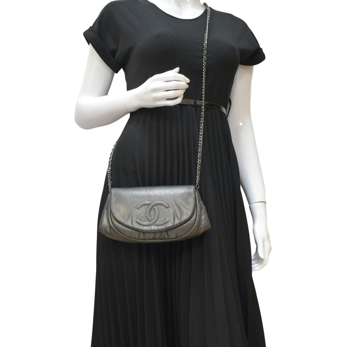 CHANEL Half Moon Caviar Leather Wallet on Chain Crossbody Bag Gray