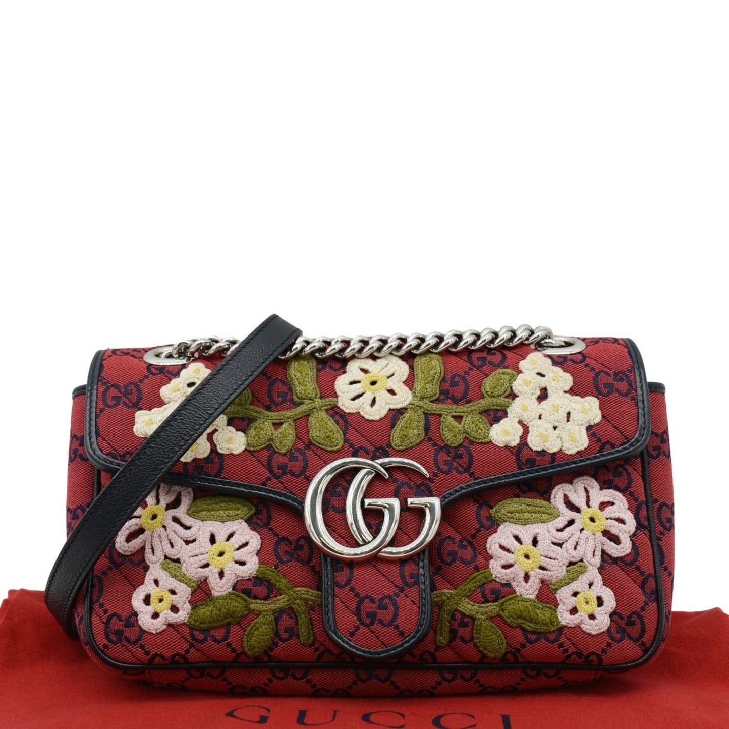 GUCCI GG Marmont Small Floral Embroidered Canvas Crossbody Bag Red 443497