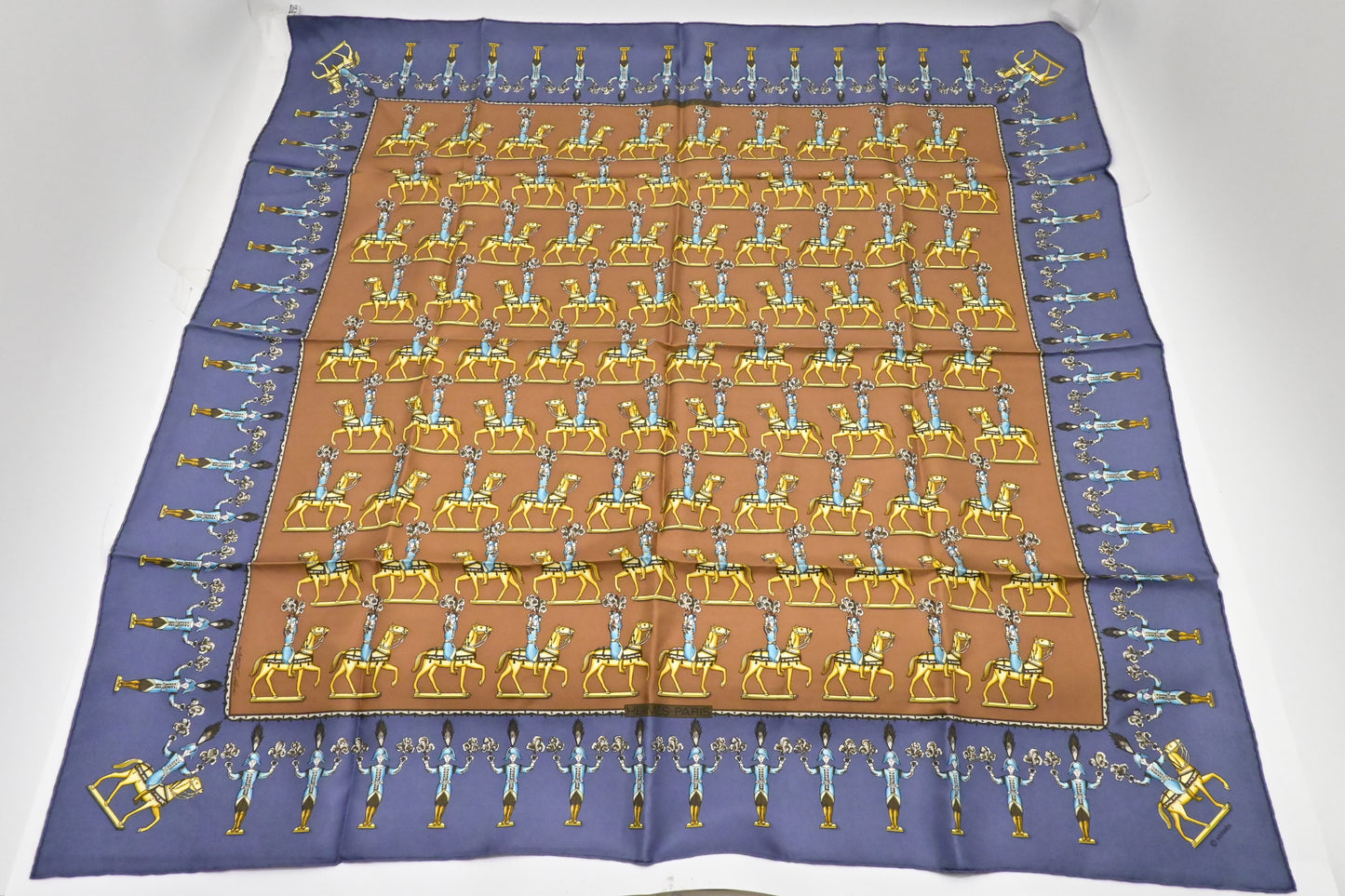 Hermes 'Les Artificers' Carre 90 in Blue & Brown Silk