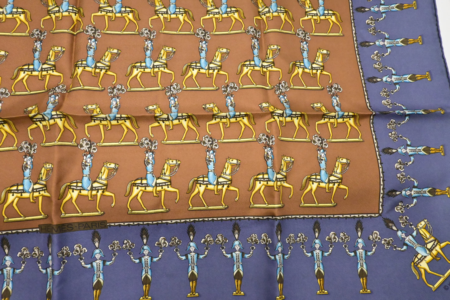 Hermes 'Les Artificers' Carre 90 in Blue & Brown Silk