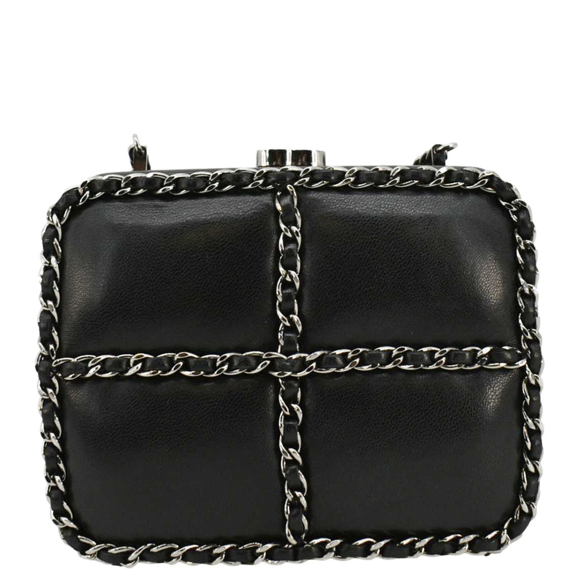 CHANEL Minaudiere Lambskin Leather Chain Clutch Crossbody Black
