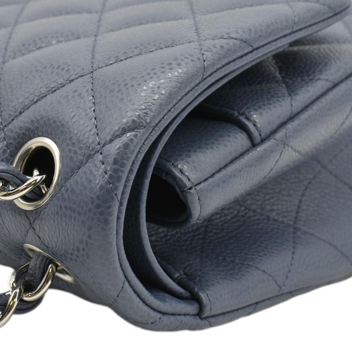 CHANEL Classic Jumbo Double Flap Quilted Caviar Leather Shoulder Bag Blue
