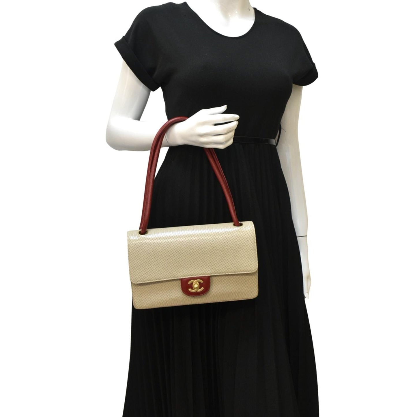 CHANEL Vintage Flap Perforated Leather Top Handle Shoulder Bag Beige