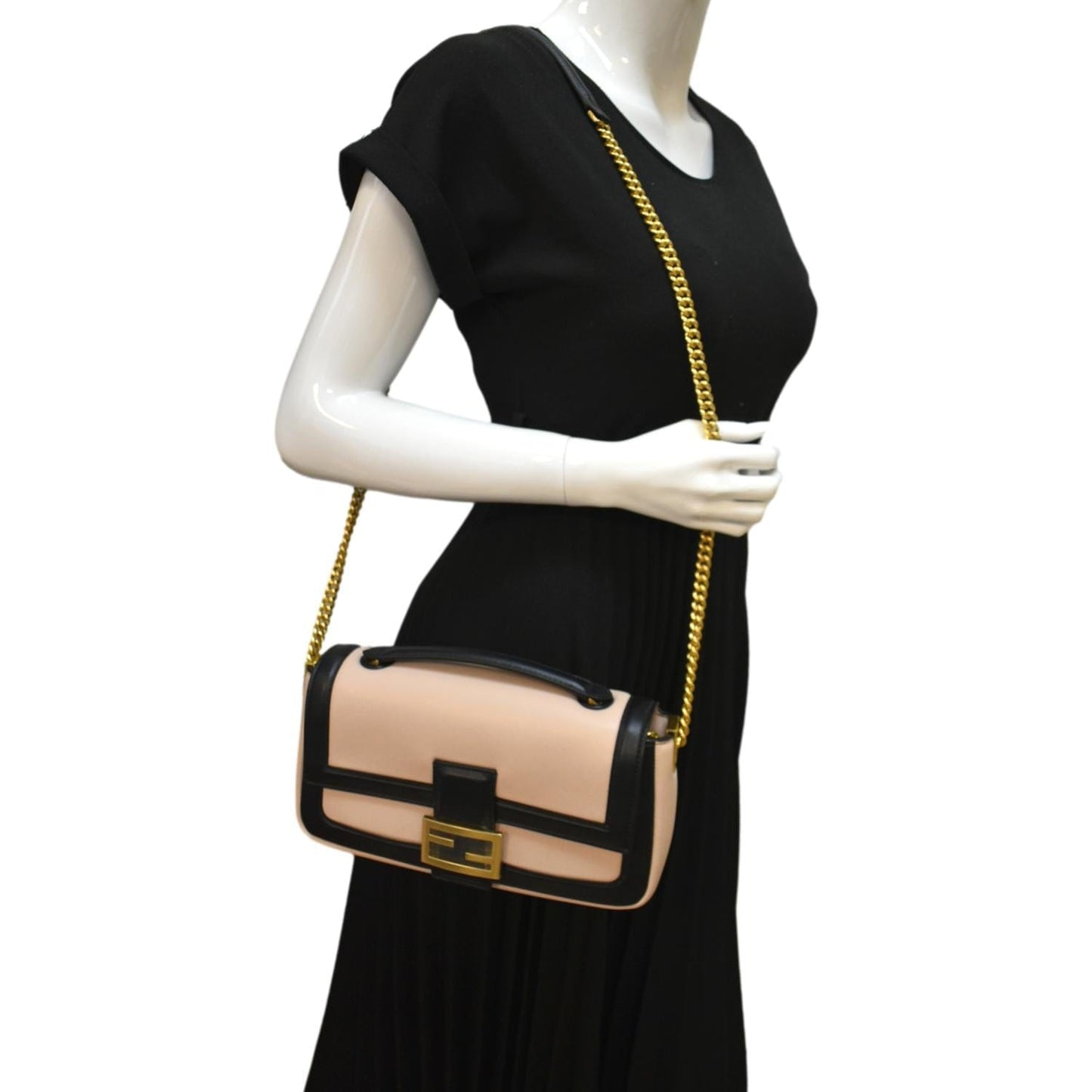 FENDI Baguette Medium Leather Chain Shoulder Bicolor Bag Pink