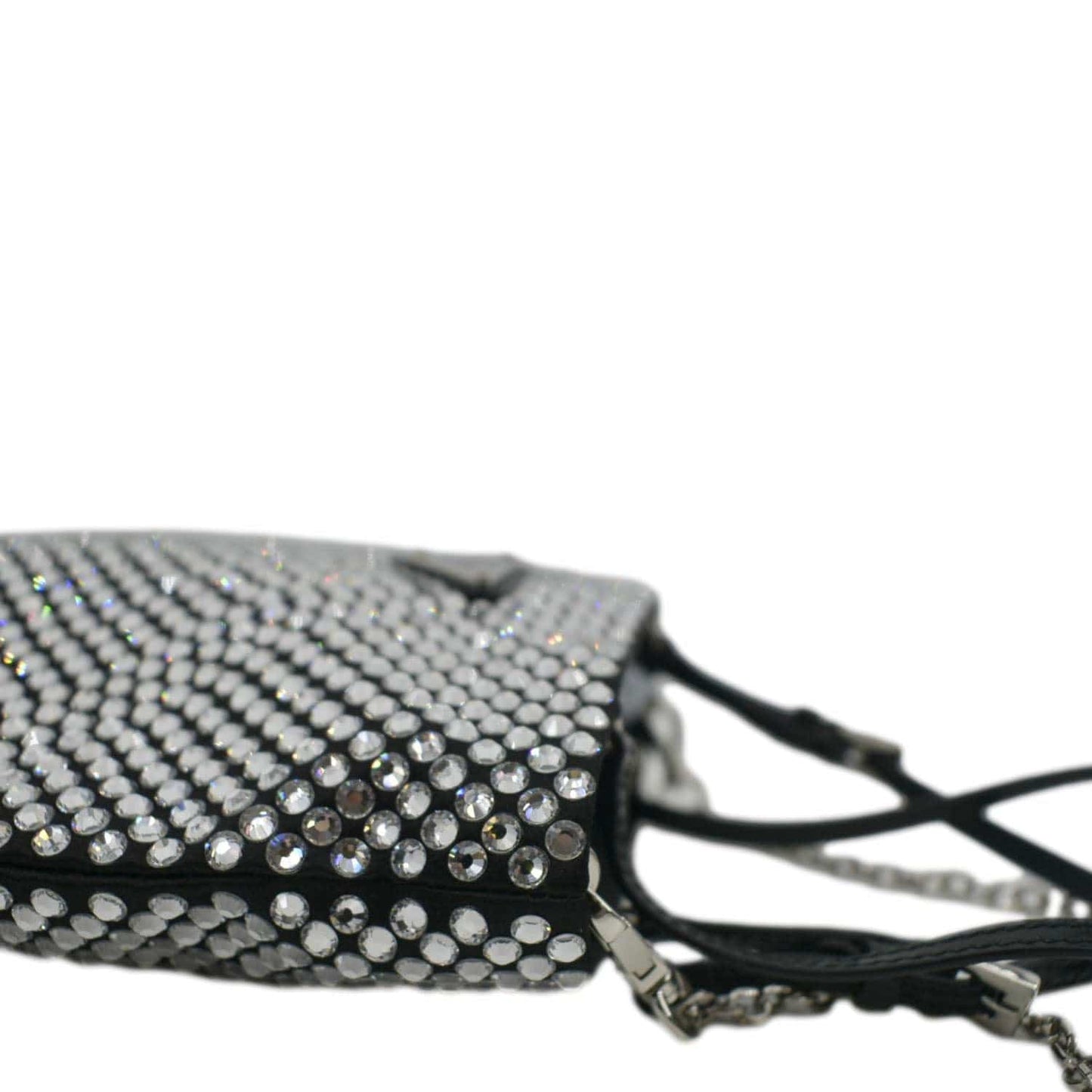 PRADA Chain Flat Mini Crystal Embellished Satin Tote Bag Silver