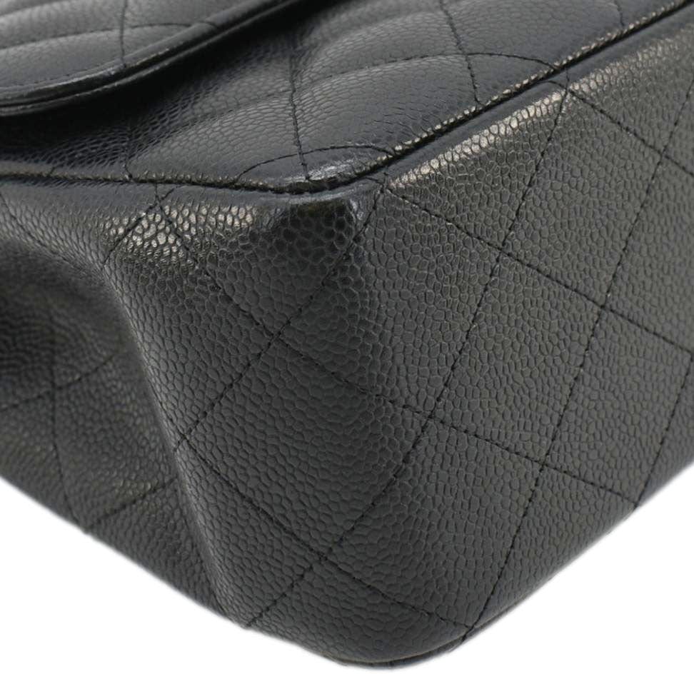 CHANEL Classic Jumbo Double Flap Quilted Caviar Leather Shoulder Bag Black
