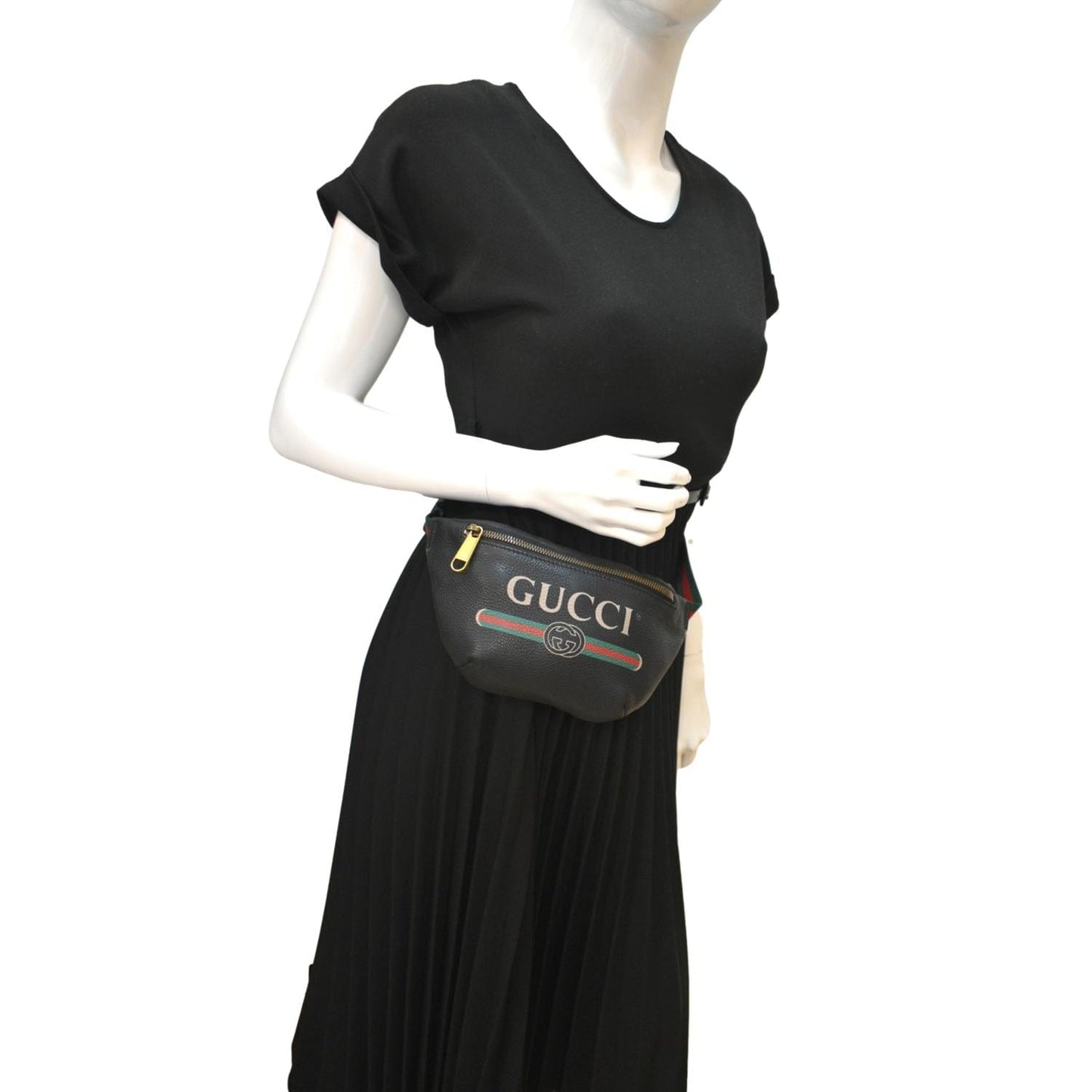 GUCCI Logo Print Grained Calfskin Leather Small Belt Bag Black 527792
