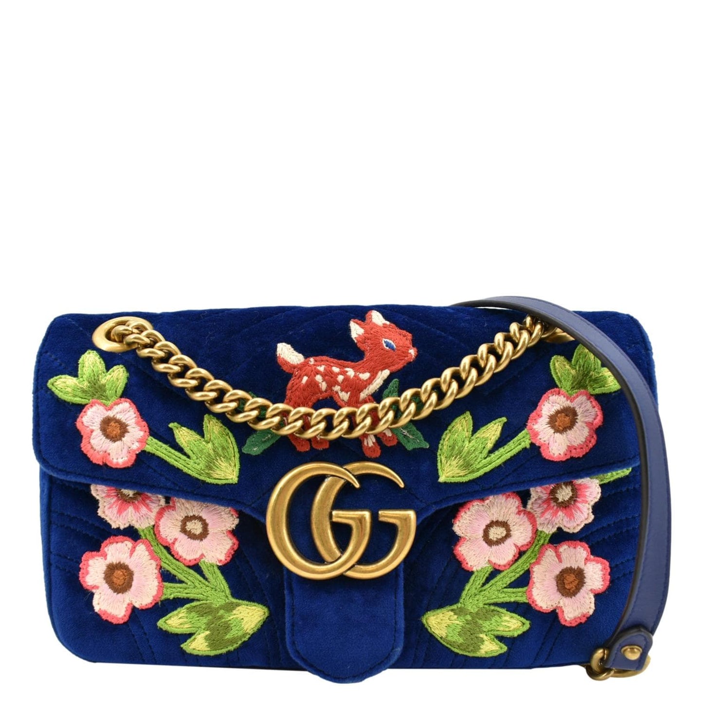 GUCCI Deer Embroidered Small GG Marmont Velvet Shoulder Bag Blue 443497