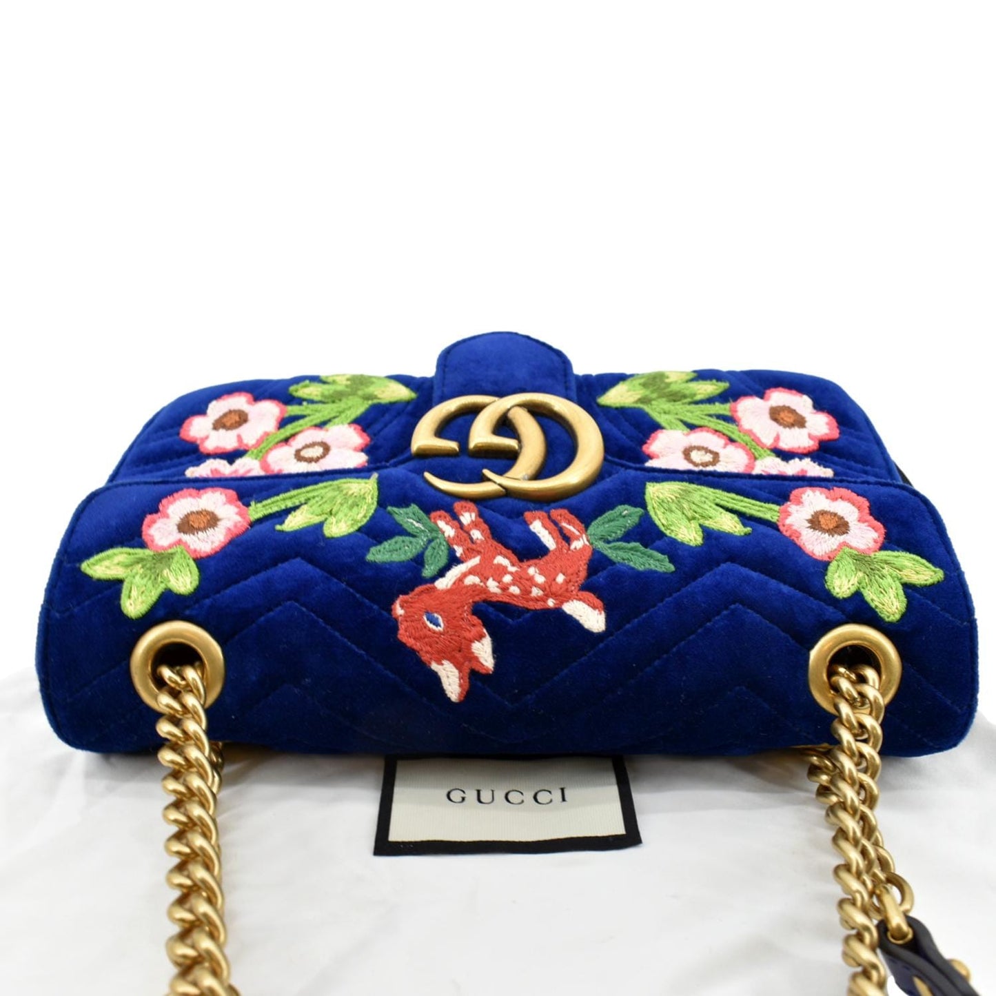 GUCCI Deer Embroidered Small GG Marmont Velvet Shoulder Bag Blue 443497