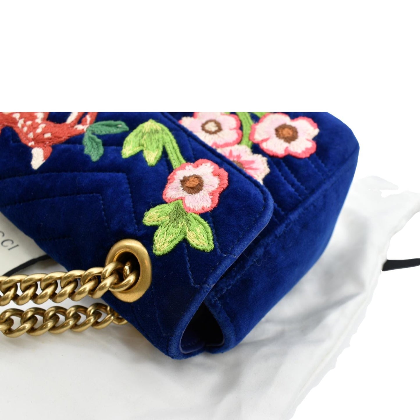 GUCCI Deer Embroidered Small GG Marmont Velvet Shoulder Bag Blue 443497
