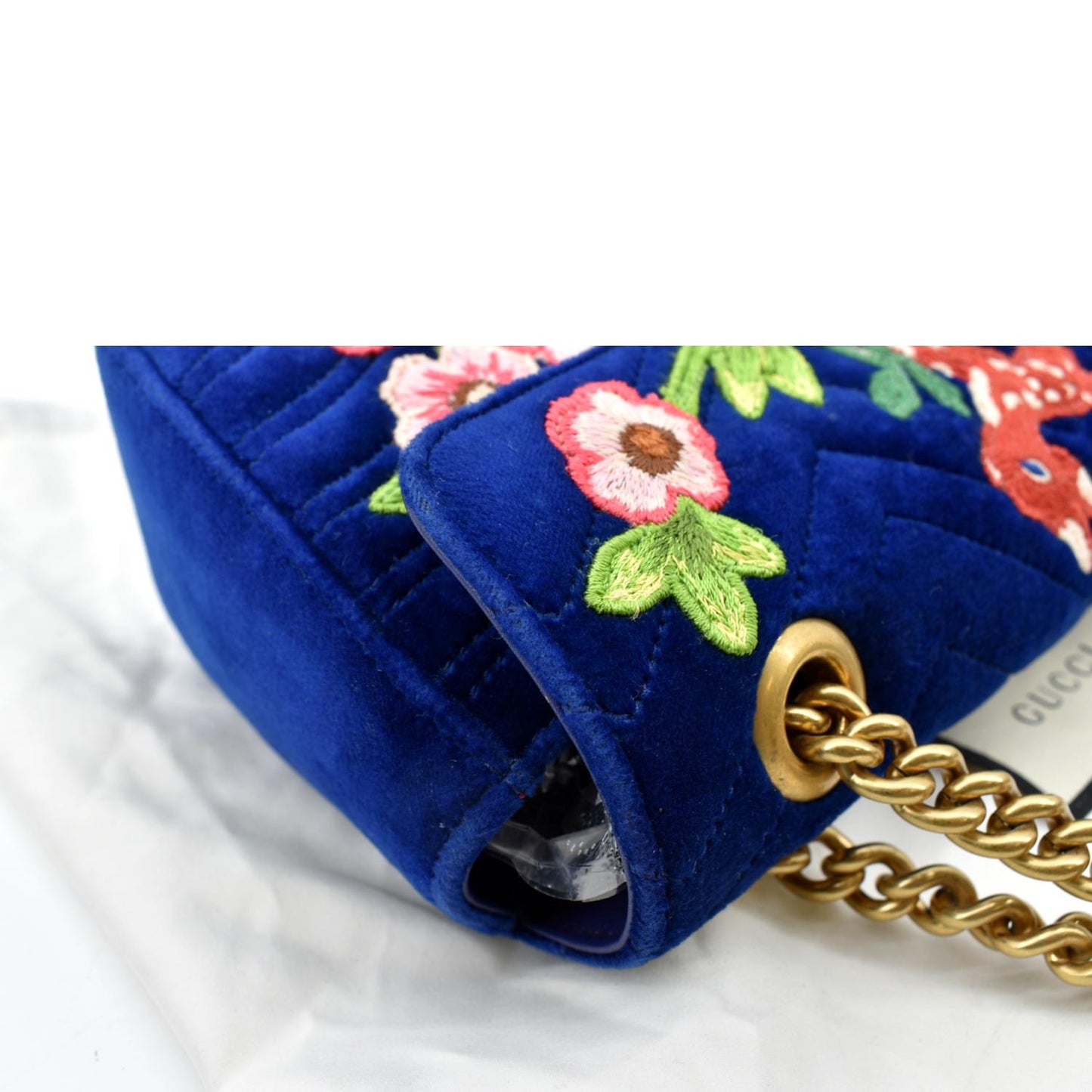 GUCCI Deer Embroidered Small GG Marmont Velvet Shoulder Bag Blue 443497