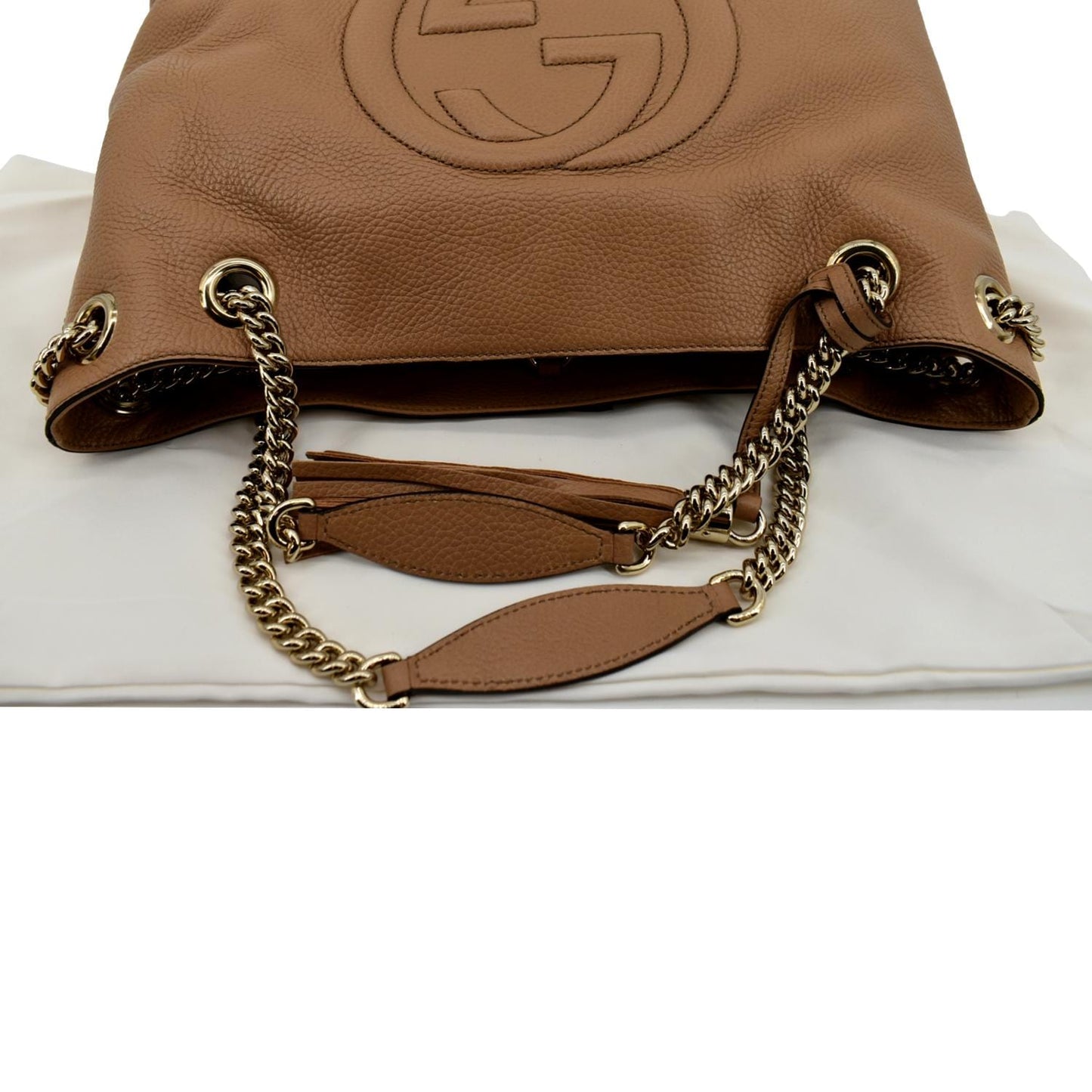 GUCCI Medium Soho Chain Pebbled Leather Tote Bag Beige 536196
