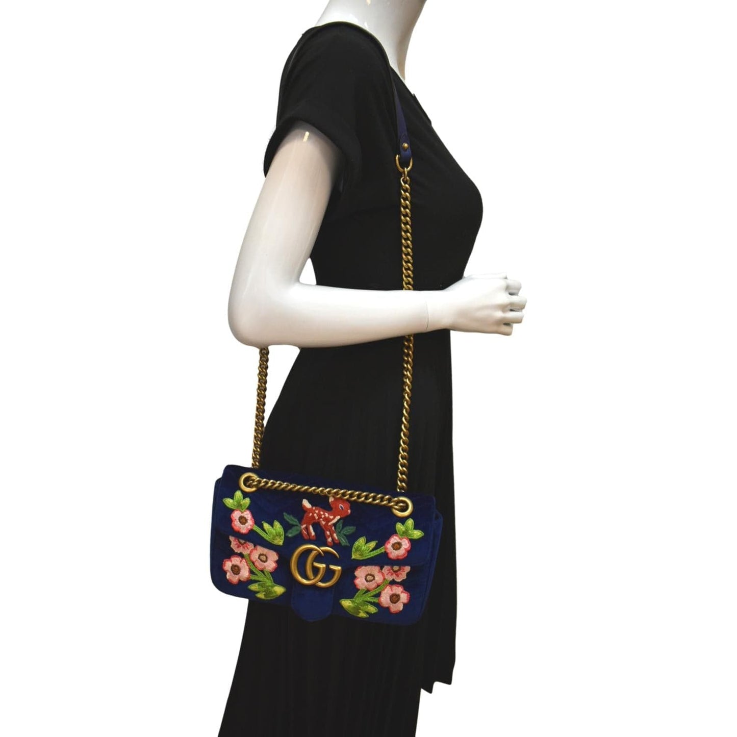 GUCCI Deer Embroidered Small GG Marmont Velvet Shoulder Bag Blue 443497