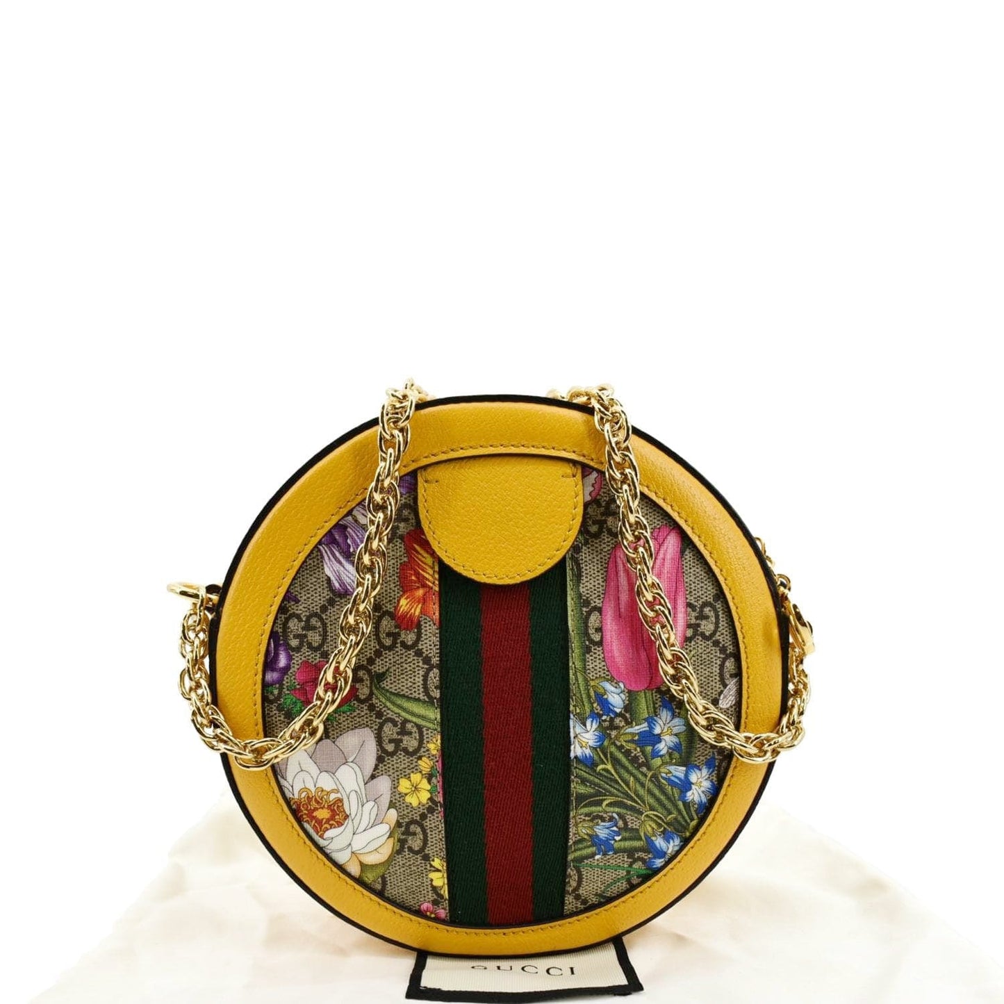GUCCI Ophidia Mini Flora GG Round Supreme Monogram Web Crossbody Bag Yellow 550618