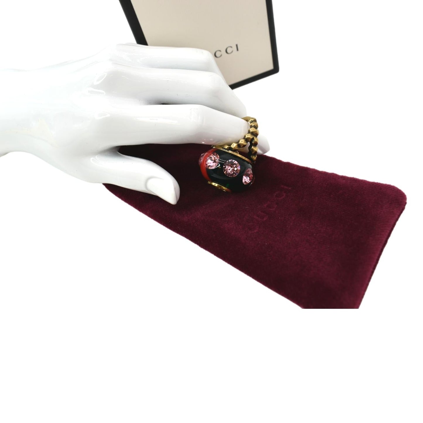 GUCCI Interlocking G Sylvie Metal Multicolor Stone Web Ring Gold