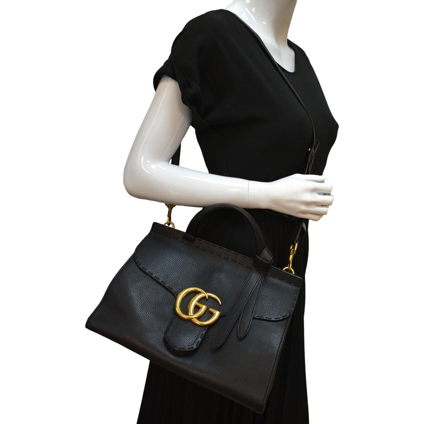 GUCCI GG Marmont Leather Top Handle Shoulder Bag Black 442622