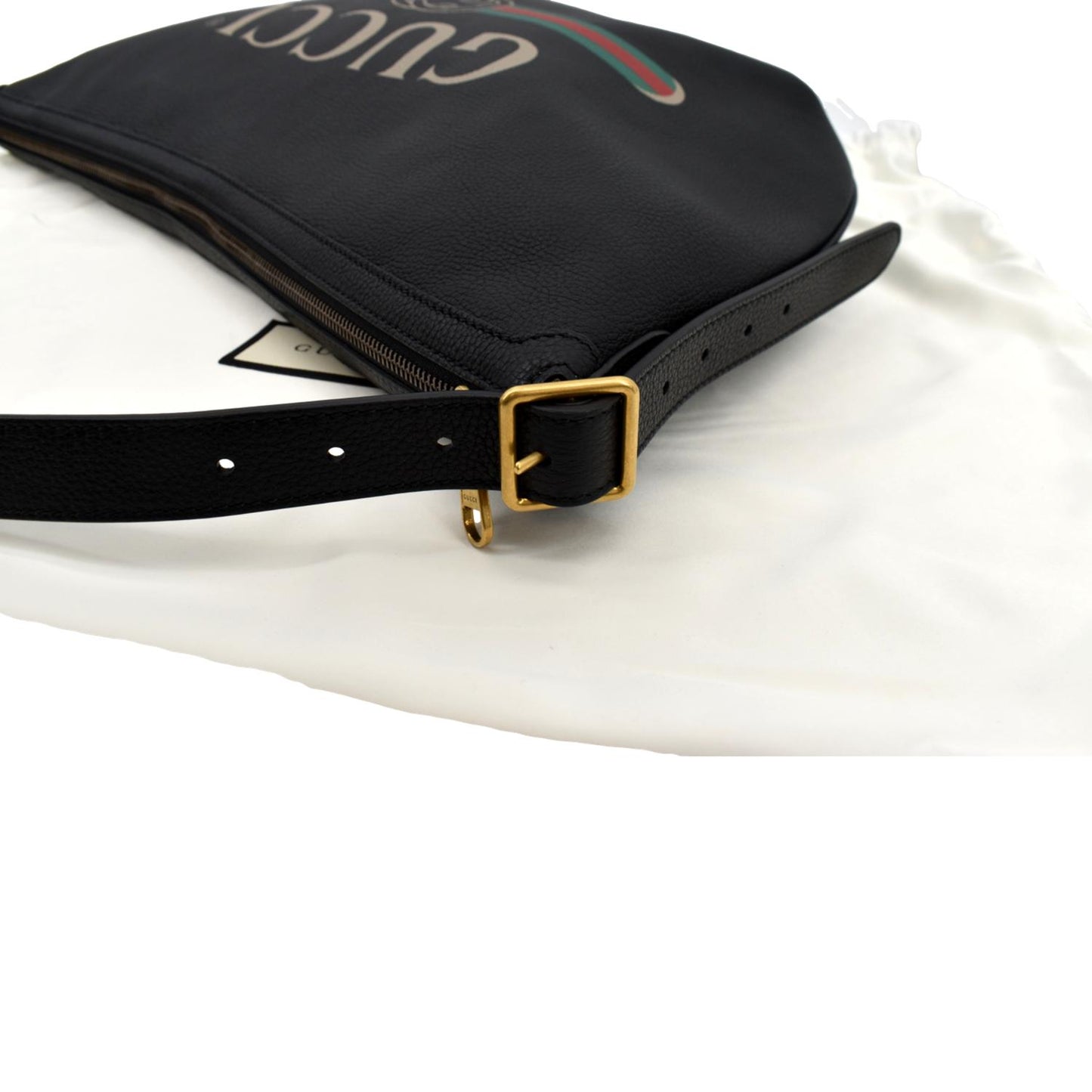 GUCCI Half Moon Logo Calfskin Leather Hobo Shoulder Bag Black 523588
