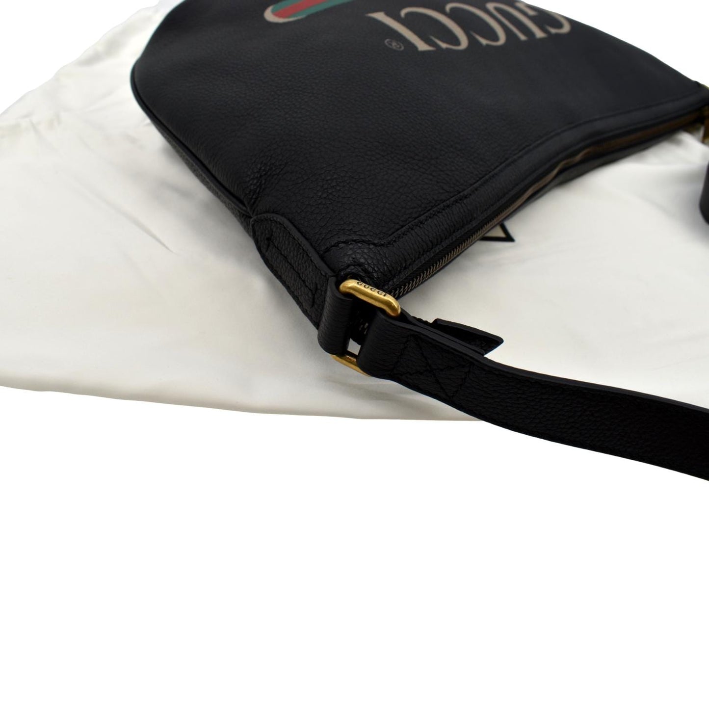 GUCCI Half Moon Logo Calfskin Leather Hobo Shoulder Bag Black 523588