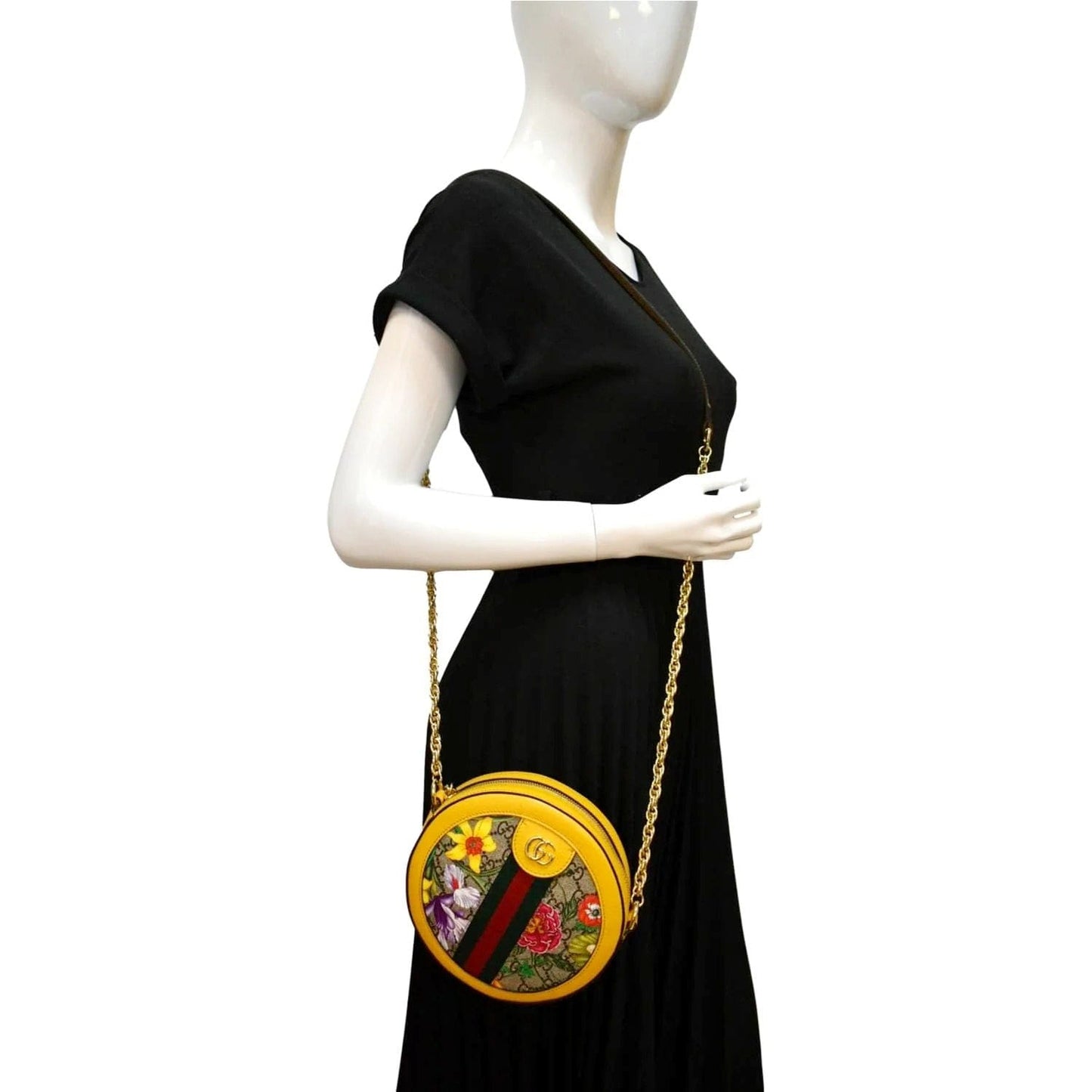 GUCCI Ophidia Mini Flora GG Round Supreme Monogram Web Crossbody Bag Yellow 550618