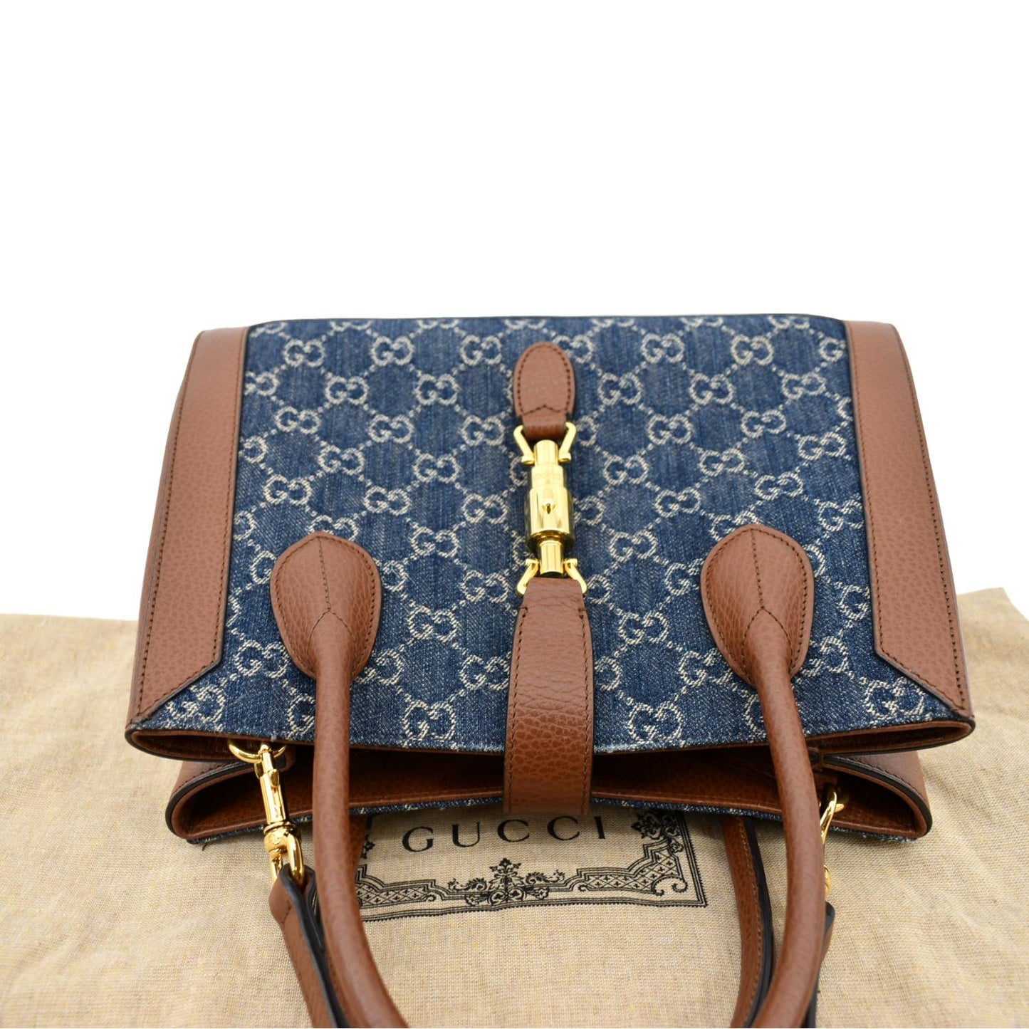 GUCCI Jackie 1961 Medium Jacquard Denim Tote Bag Dark Blue 649016