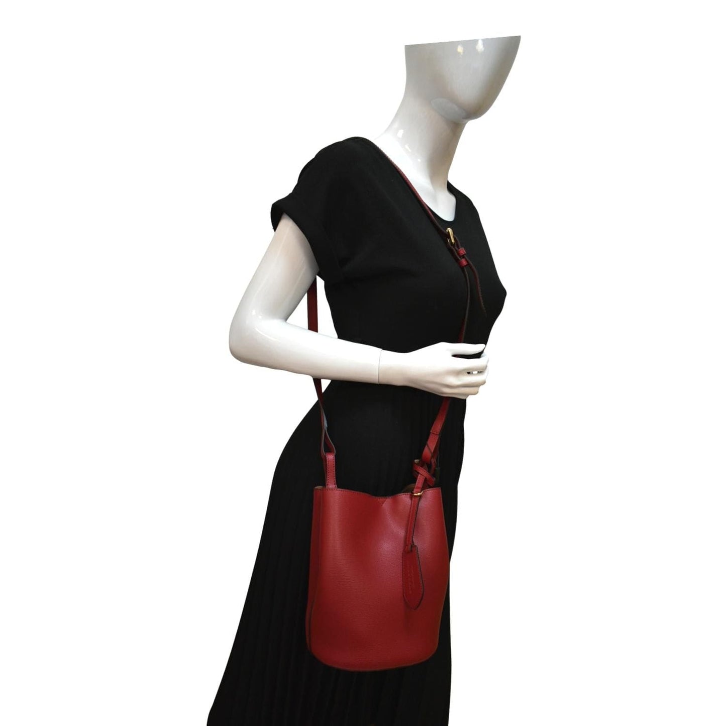 BURBERRY Reversible Haymarket Check Leather Bucket Crossbody Bag Red